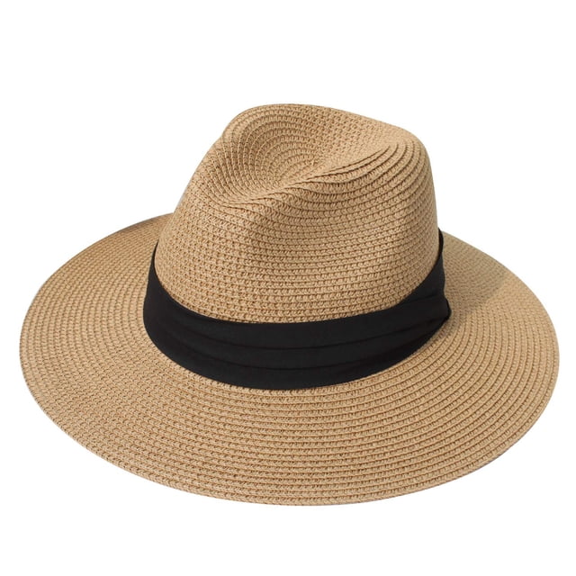DRESHOW Sombrero panamá de paja para mujer, sombrero de viaje Fedora para playa, sombrero para el sol, sombrero enrollable de paja de ala ancha UPF 50+
