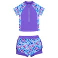 thumbnail image 3 of Zaldita Girls Rashguard Swimsuit 2pcs Zipper Bathing Suit Kids Short Sleeve Tops with Swim Shorts Purple Fish Scales 6, 3 of 7