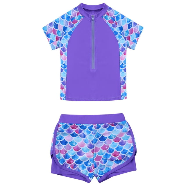 Jelory Filles Enfants 2 Pcs Maillot de Bain Maillot Dermoprotecteur à Manches Courtes avec Shorty Maillot de Bain Écailles de Poisson Violettes 8