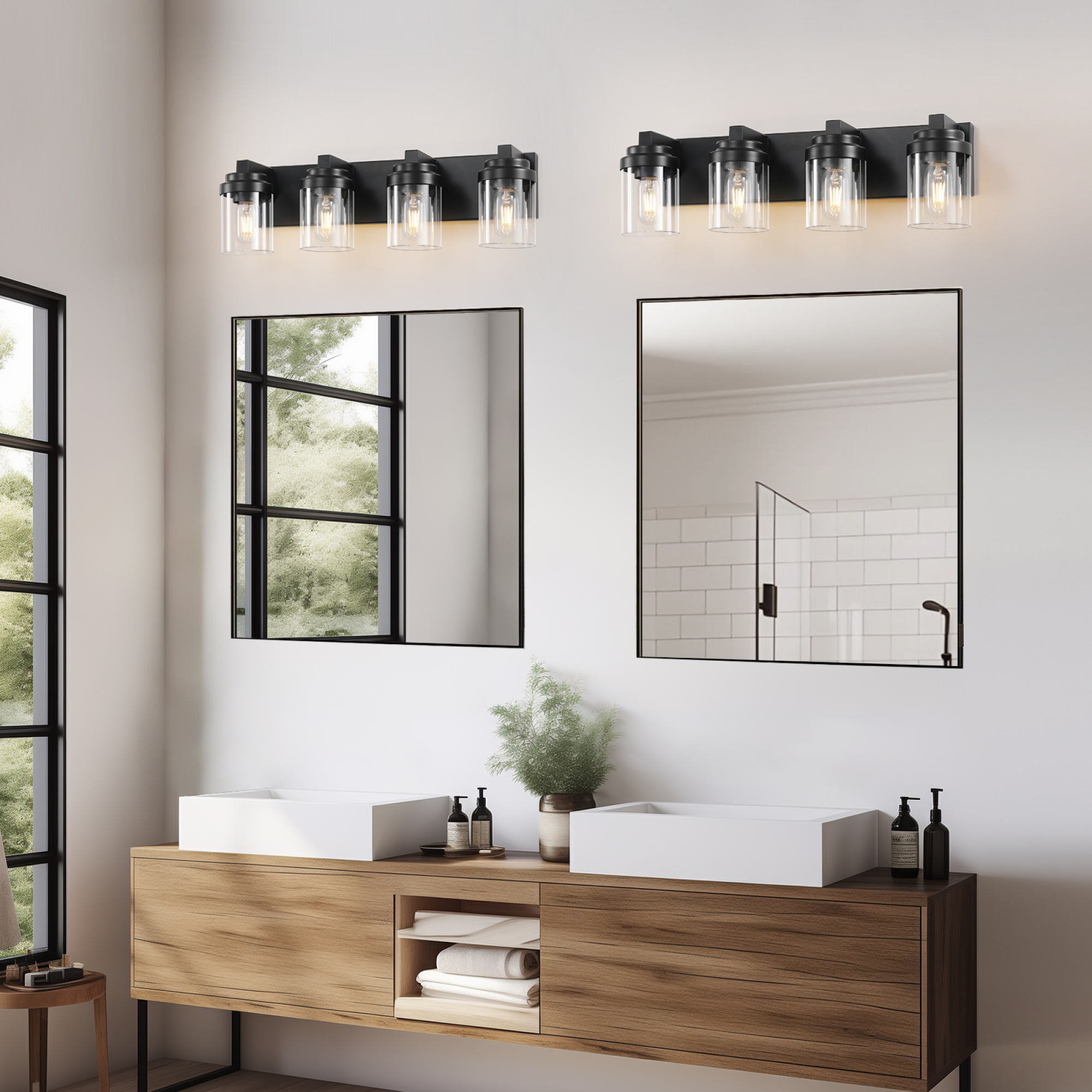 Leumius 4-Light Bathroom Light Fixtures Over Mirror Bathroom Vanity Light, Black Vanity Lights with Clear Glass Shade, Modern Bathroom Light Fixtures for Bedroom, Hallway(No Bulbs)