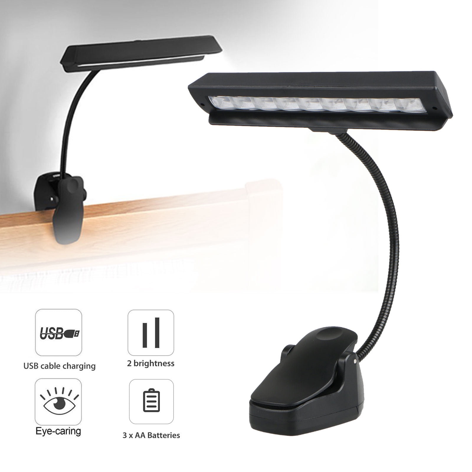 Tsv Clamp Desk Lamp Clip On Reading Light 2 Brightness Adjule 9 Led Beads Power By Usb Cord Black