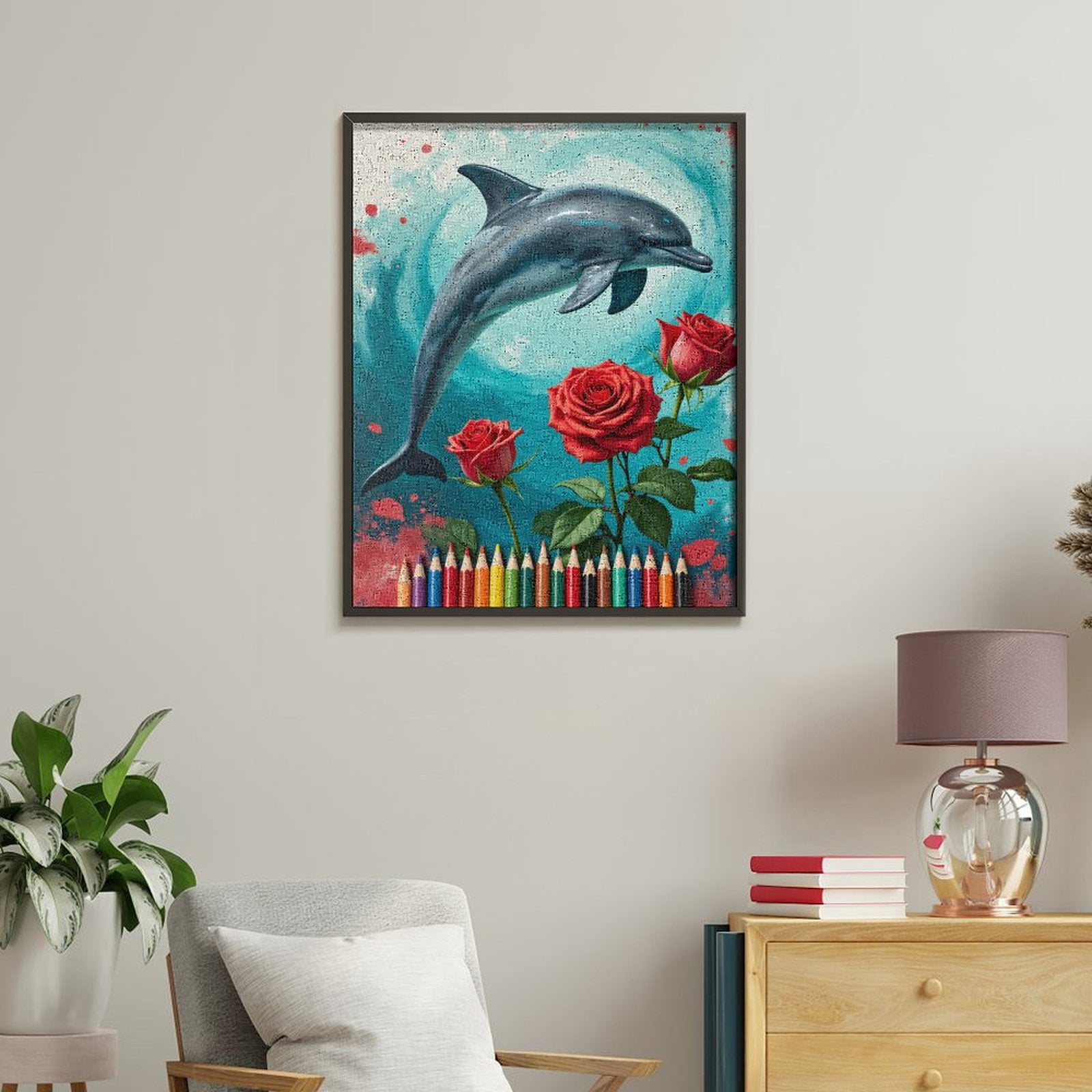 Paint By Numbers Kit for Adults Beginner - DIY Dolphin Roses Colors Vivid Art Canvas Painting Kits for Adults, Frameless Paint By Number for Adults for Home Wall Decor 16x20 Inch