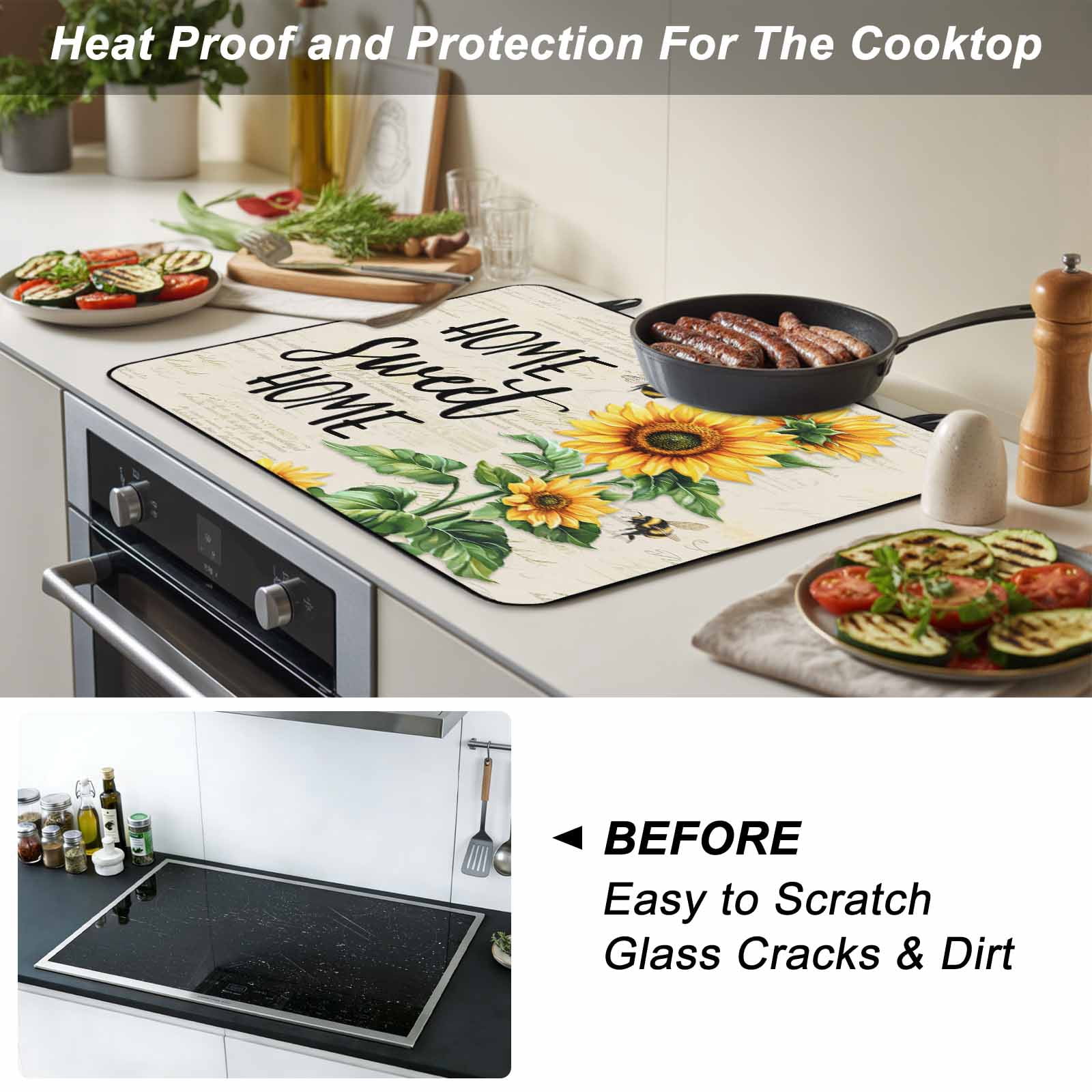 Sunflower Stove Top Cover for Electric Stove, Heat-proof & Non Slip Glass Top Stove Cover Protector, Summer Botanical Bee Farmhouse Watercolor Kitchen Flat Cooktop Rubber Mat 24x21 Inches