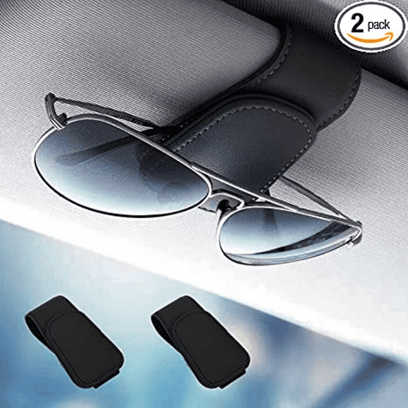 Sunglass Holder for Car 2pack,Magnetic Leather Eyeglass Hanger Clip for Car,Car Visor Accessories (black)