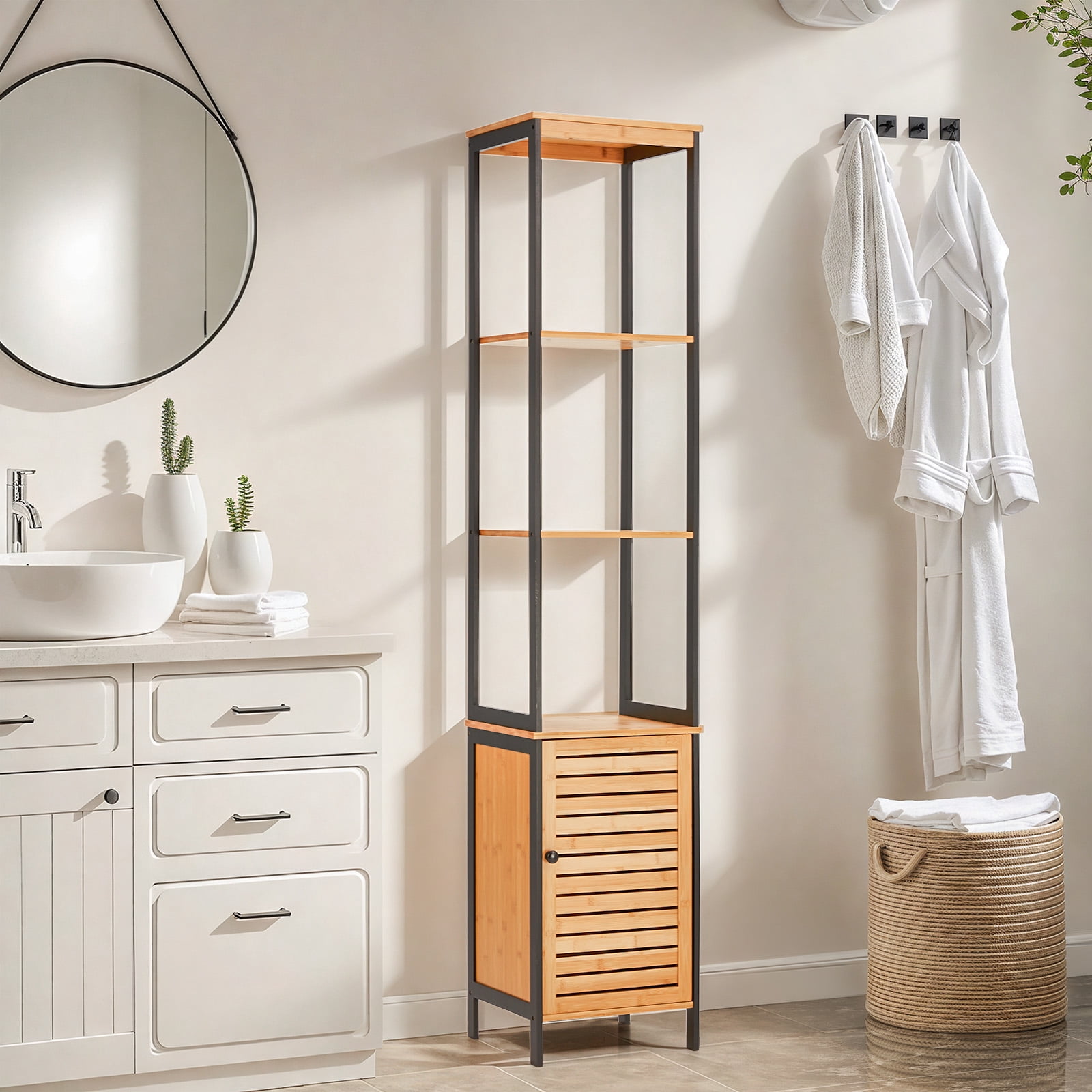 Danrelax 68" Bamboo Bathroom Cabinet, 5 Tier Floor Shelving Unit with Open Shelves & Cabinet Storage, Premium Moso Bamboo Organizer for Bathroom, Kitchen, or Living Room