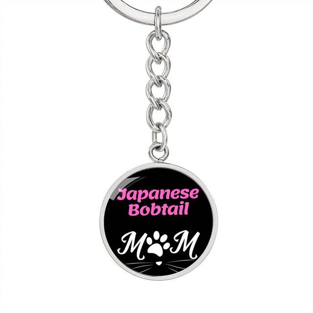 Japanese Bobtail Cat Mom Keychain Stainless Steel or 18k Gold Circle Pendant