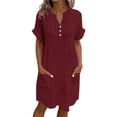 thumbnail image 2 of Casual Summer Dresses for Women Short Sleeve Womens Summer Casual Fashion Solid Color Short Sleeved V-neck Button Double Pocket Dress Wine S, 2 of 6