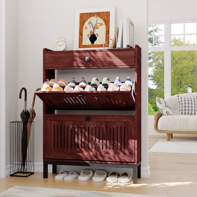 Yeshouse Zapatero con 2 cajones abatibles y 1 cajón grande, zapatero de madera con estante ajustable, zapatero para entrada, zapatero oculto para pasillo y sala de estar