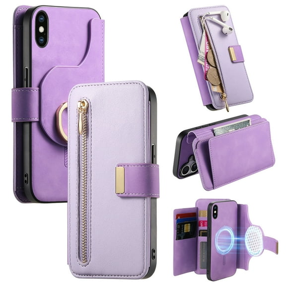 2 in 1 Wallet Case for Apple iPhone XS Max, Detachable Magnetic Back Cover Cards Slots Zipper Pocket Ring Holder Magnetic Closure Protective Drop Proof Case Cover for Women Men,Purple