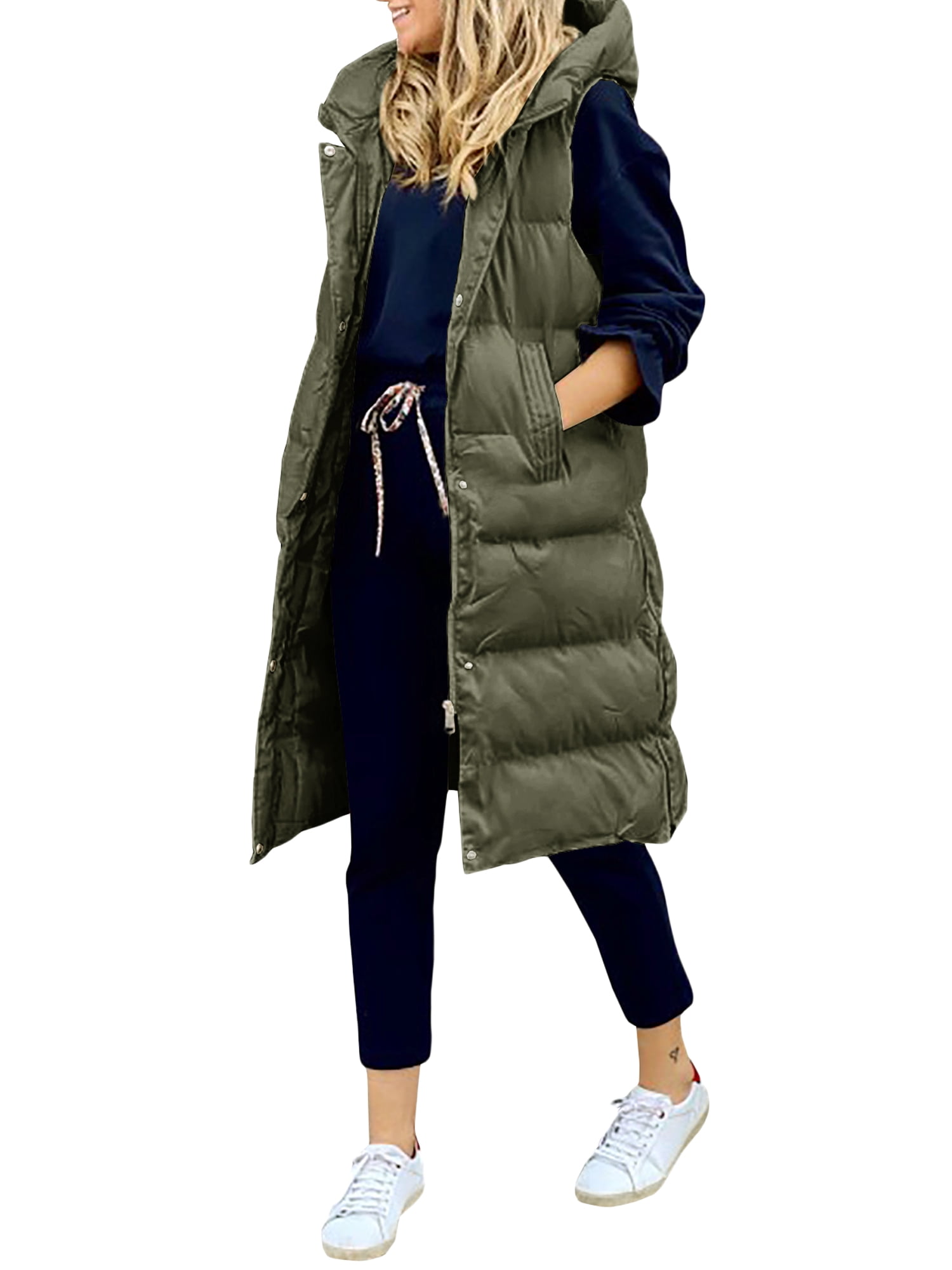 FOCUSNORM Women Long Puffer Vest Quilted Faux Down Vest Sleeveless