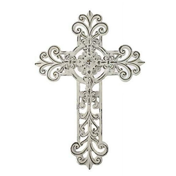 Comfy Hour Faith and Hope Collection 12" White Handmade Classic Hollow Out Cross, Antique Style, Art Wall Decor, Resin