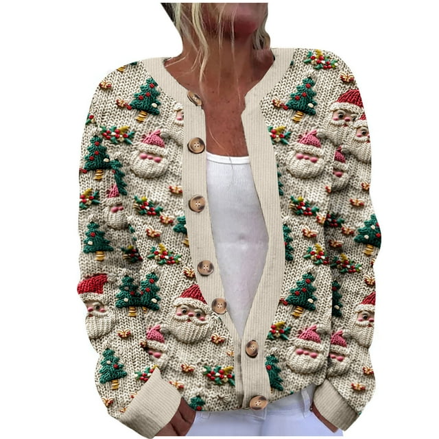 Mgmyaa Cardigan pour Femmes, Manches Longues, Veste Décontractée en Tricot avec Imprimé de Noël