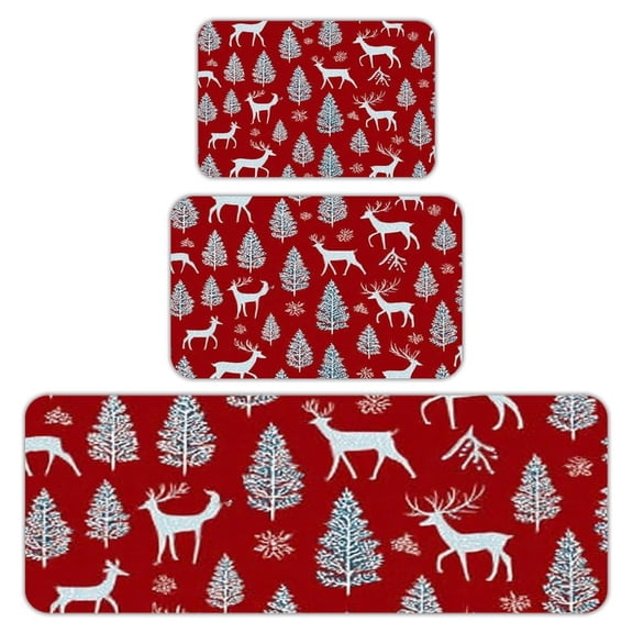RKSupls Kitchen Rug Set 3 Piece Anti-Slip Flannel Floor Mats, Reindeer Tree Red Washable Absorbent Runner Mats for Kitchen Bathroom Home Decor