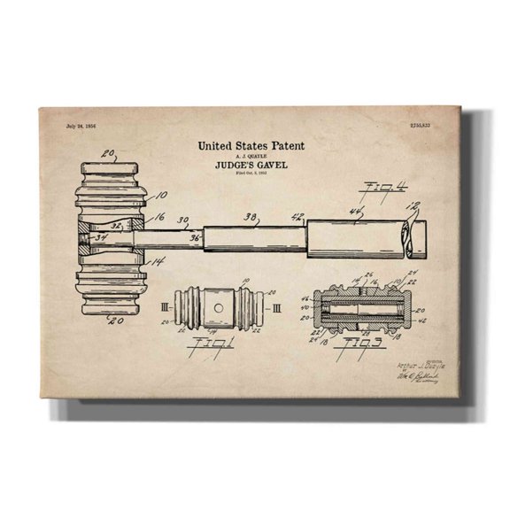 Epic Graffiti "Judge's Gavel Blueprint Patent Parchment" Giclee Canvas Wall Art, 26"x18"