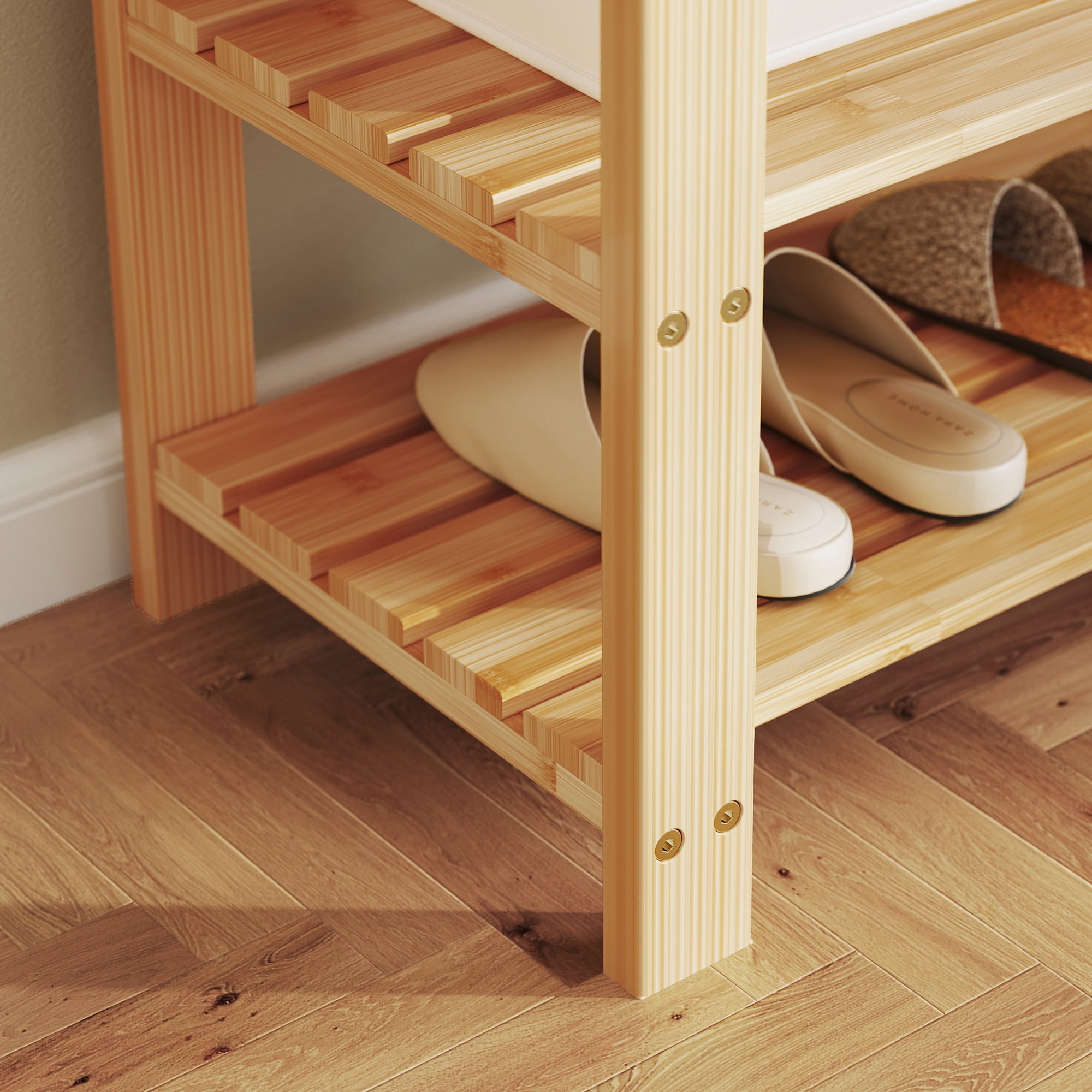 ZUNMOS 3-Tier Bamboo Shoe Rack Bench, 11.3 x 27.6 x 17.8 Inches Compact Storage Organizer with 286lb Capacity for Entryway, Bedroom and Living Room, Wood