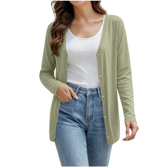 Lmueinov Women Summer Cardigan Long Sleeve V-Neck Lightweight Stretch Open Front Top Button Down Casual Cover Up Basic Knit Blouse for Women