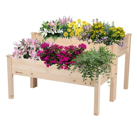 GOOD LIFE 2-in-1 Wooden Raised Garden Bed Planter Box – 2 piece Spacious Elevated Outdoor High Low Combination Set for Deck Patio Vegetable Herb Flower Growing – Natural