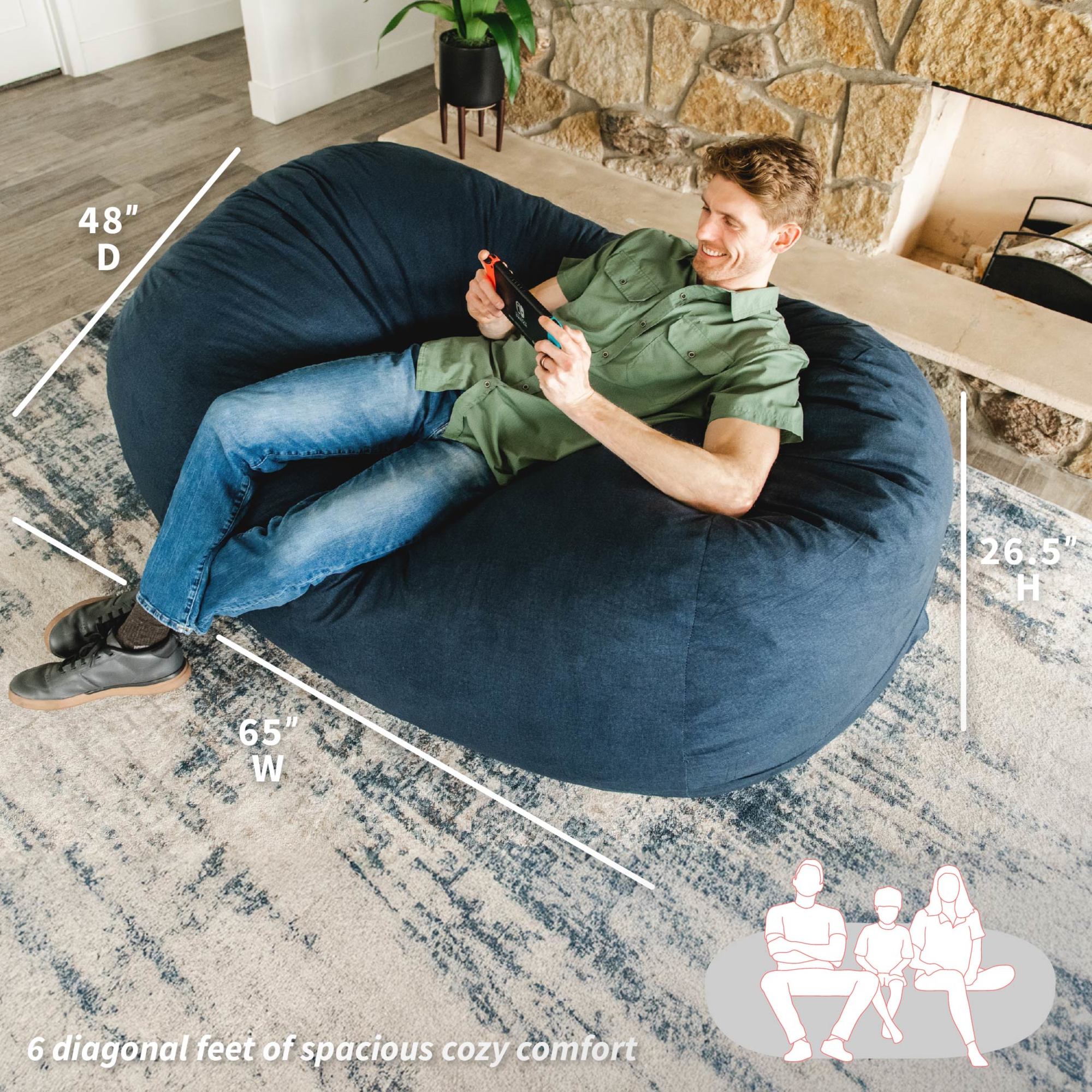 Big Joe Fuf 6Ft Giant Lounger Foam Bean Bag Chair, Oversized Couch with Removable Cover for Kids, Teens, Adults, Cobalt Lenox, Durable Woven Polyester, 6 foot