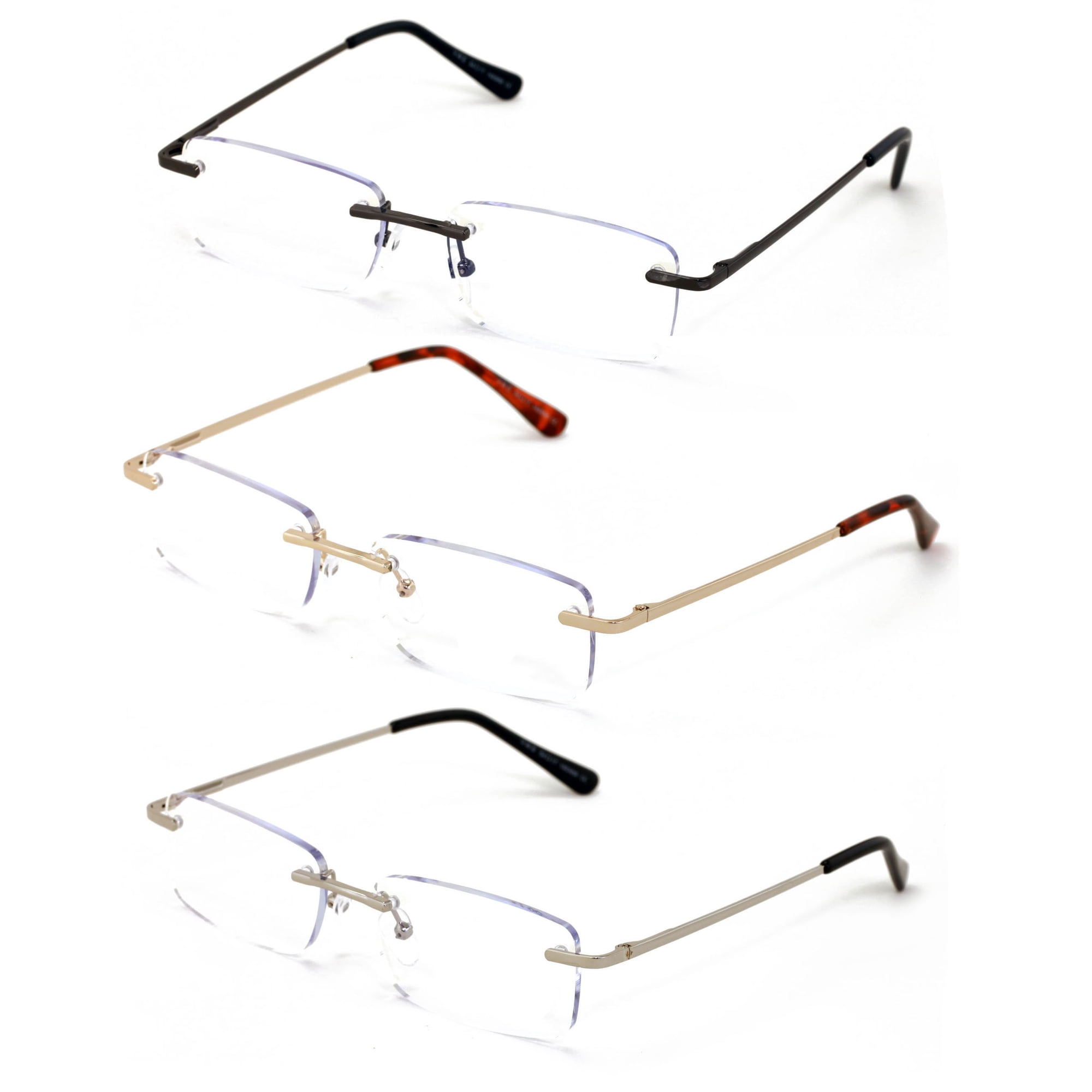 3 Pairs Super Lightweight Slim Sleek Full Rimless Reading Glasses Metal Frame- Rectangular Anti Blue Blocker UV Protection Reader Clear Lens 0.00