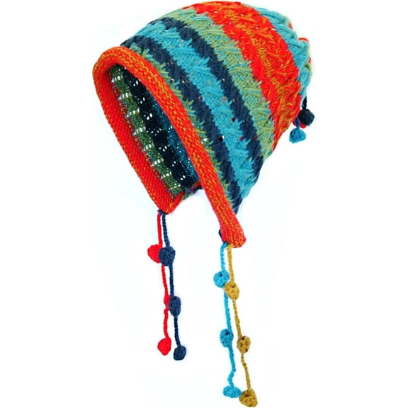 Crochet Beanie Hat for Women Knitted Slouchy Beanie with Cute Pom Pom Tassels Wide Brim Trendy Rainbow Striped Cap
