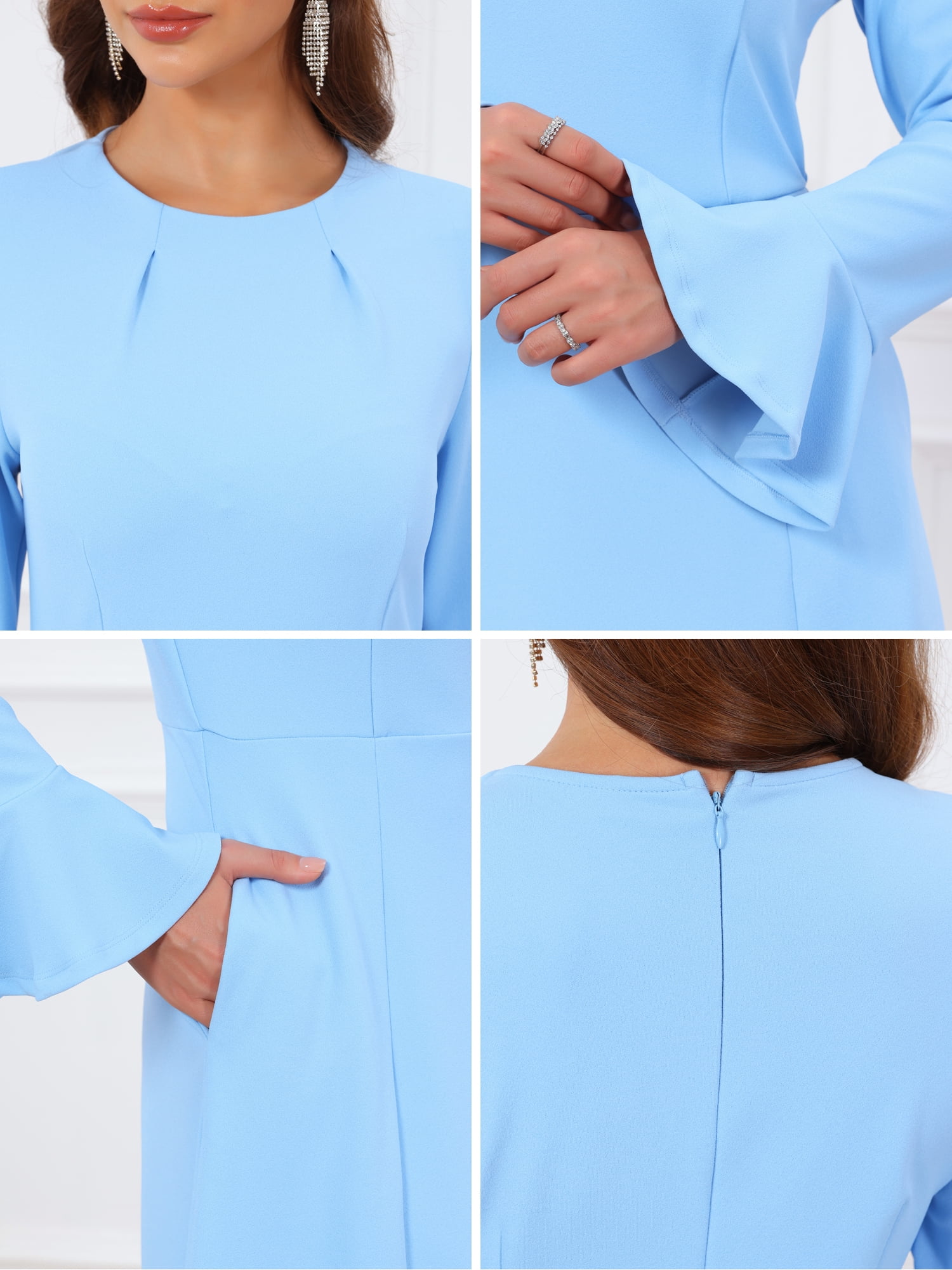 DARING DIVA Women's Formal Bell Sleeve Crewneck A-Line Pockets Dress M Sky Blue