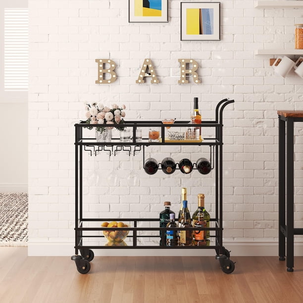 Carro de Bar Portátil con Ruedas - 2 Niveles de Vidrio Espejado, Incluye Porta Copas y Botellas, Estructura Metálica, para Hogar o Fiestas– Color Negro + Espejo
