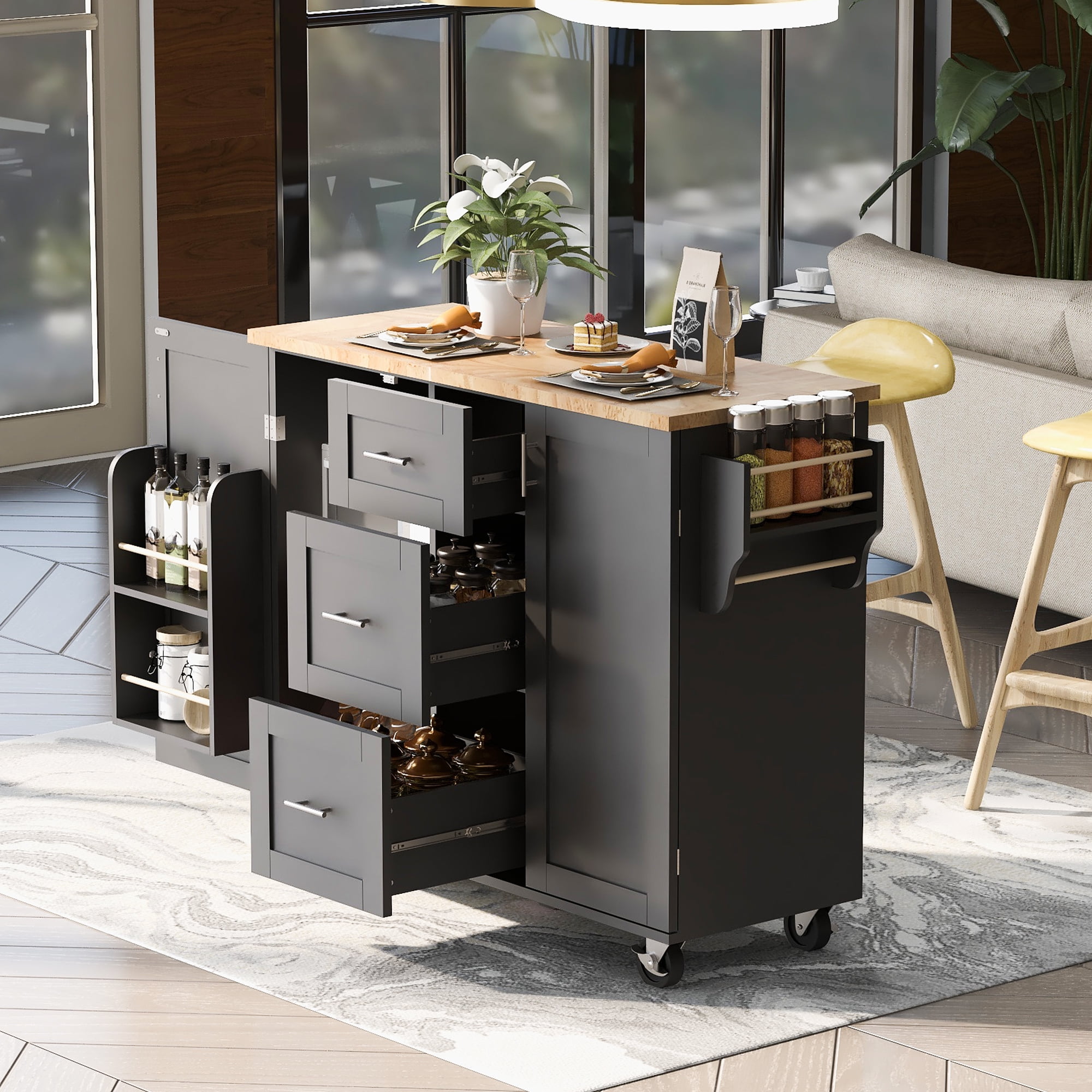 Aukfa Rolling Kitchen Island with Storage, Kitchen Cart W/3 Drawer & 2 Slide-Out Shelf,Black