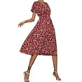 thumbnail image 3 of DYMADE Womens Summer Vocation Bohemian Elastic Waist Floral Printed V-Neck Short Sleeve Fit & Flare Dresses, 3 of 5