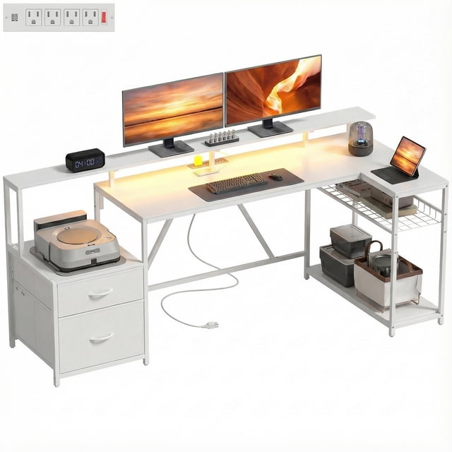 HOMCOM Bureau de Jeu Réversible de 76 Pouces, avec Lumières RVB et Ports USB, Blanc