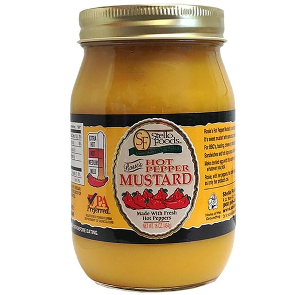 Stello Foods - Rosie's Hot Pepper Mustard 16 oz, No preservatives, No high fructose corn syrup, No artificial colors, Vegan, Vegetarian, Gluten Free