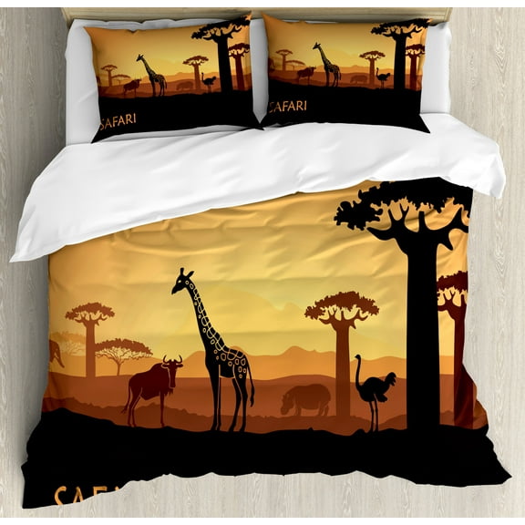 Safari Duvet Cover Set Queen Size, African Sunset A Giraffe Ostrich Hippo Adventure Exotic Pastoral Wilderness, Decorative 3 Piece Bedding Set with 2 Pillow Shams, Dark Brown Apricot, by Ambesonne