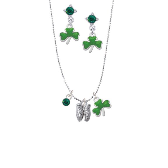 Delight Jewelry Silvertone Small Ballet Slippers Green Shamrock Necklace and Clover Earrings Jewelry Set