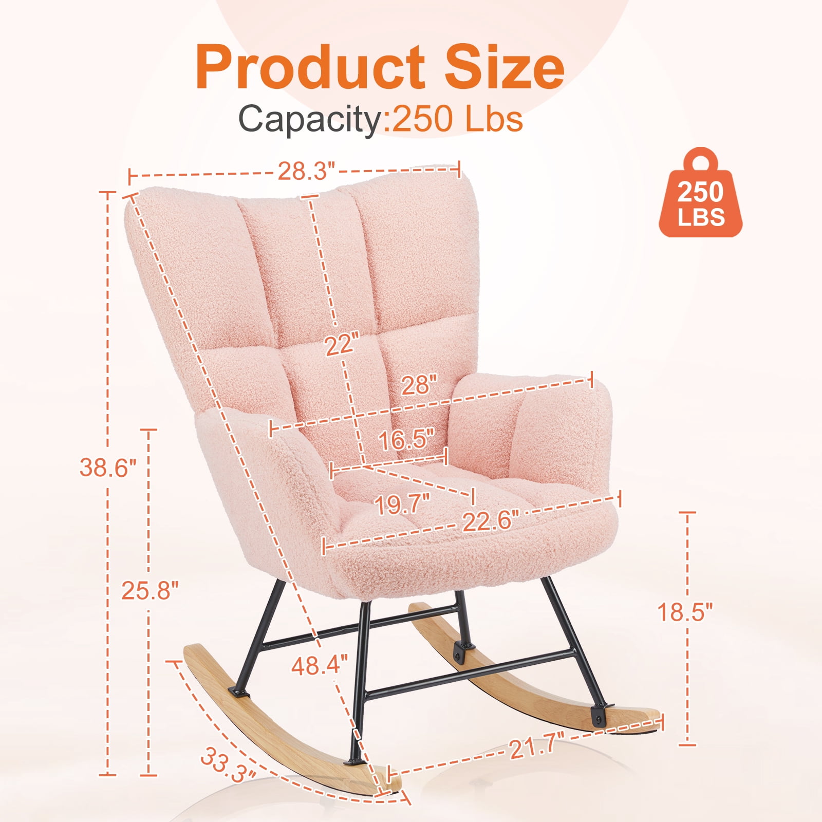 EDX Modern Rocking Chair, Teddy Upholstered Glider Rocker with High Backrest and Armrests for Living Room & Bedroom, Pink