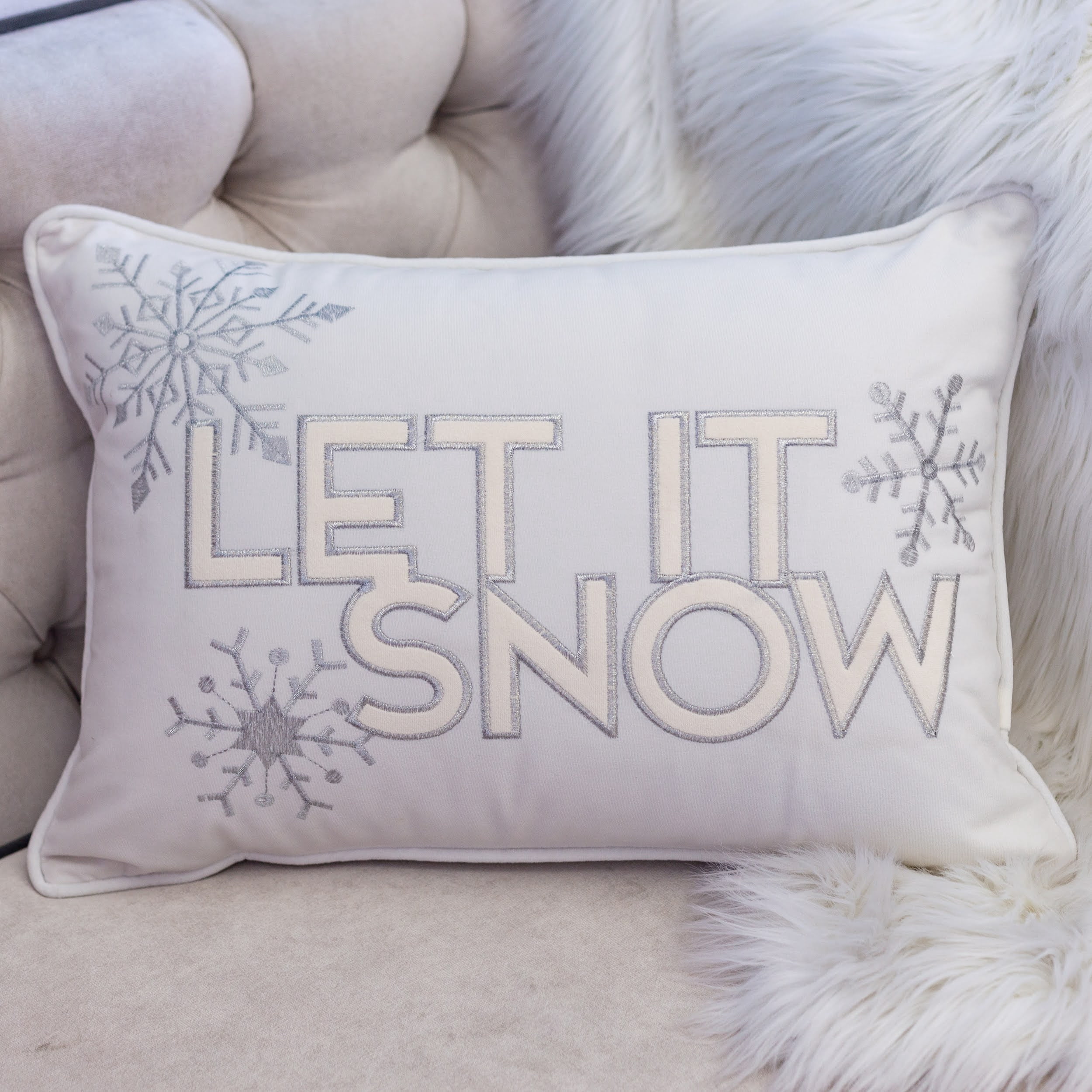 Let-It-Snow White and Ivory Embroidered Snowflake Graphic Polyester 14 in. x 20 in. Decorative Throw Pillow