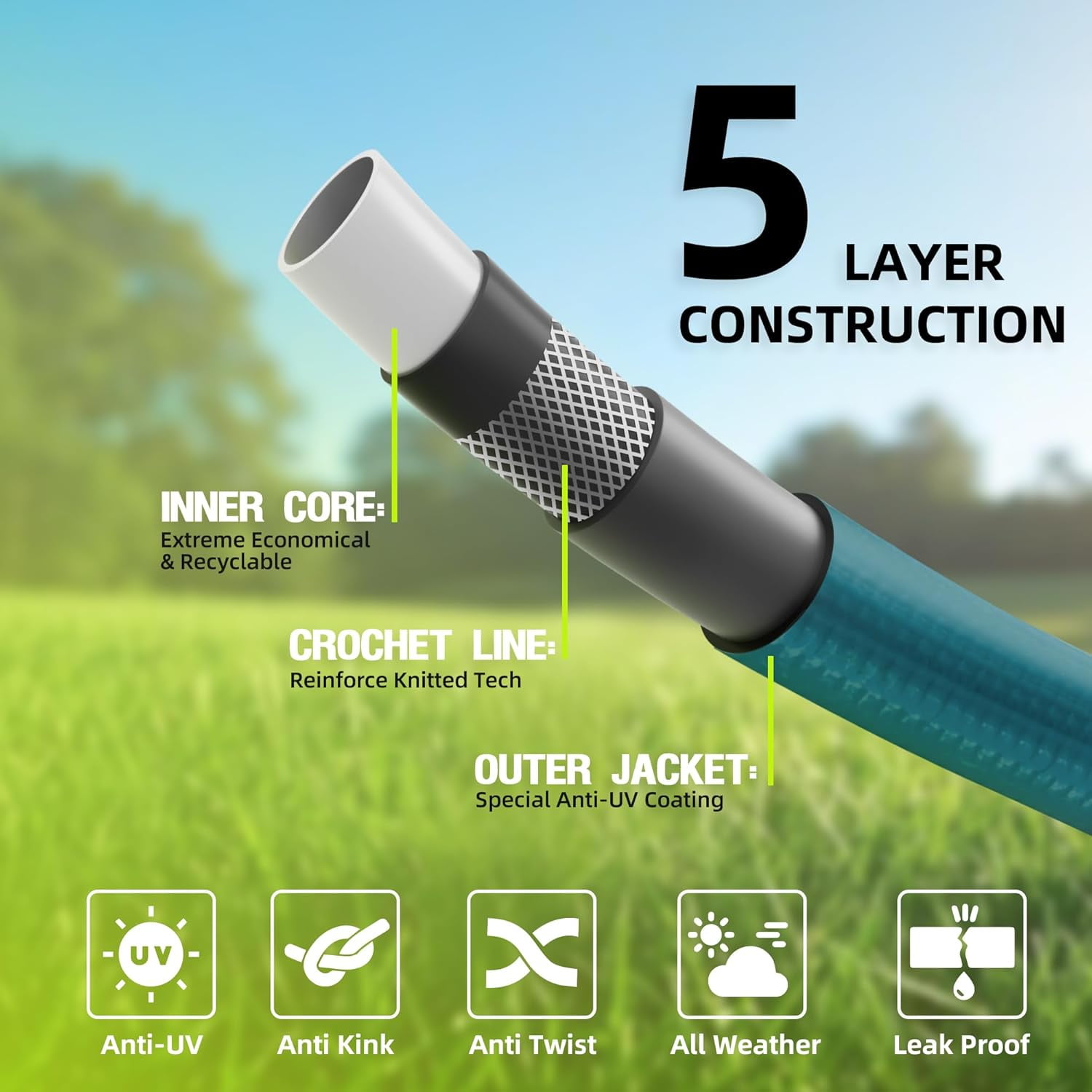 Lead-in Short Garden Hose 3/4 in. x 2 ft. -Heavy Duty Durable Lightweight PVC Rubber Water Pipe for Agriculture, Lawn Care & Commercial Use -No Kink, Flexible, Leakproof, Male to Female Fittings