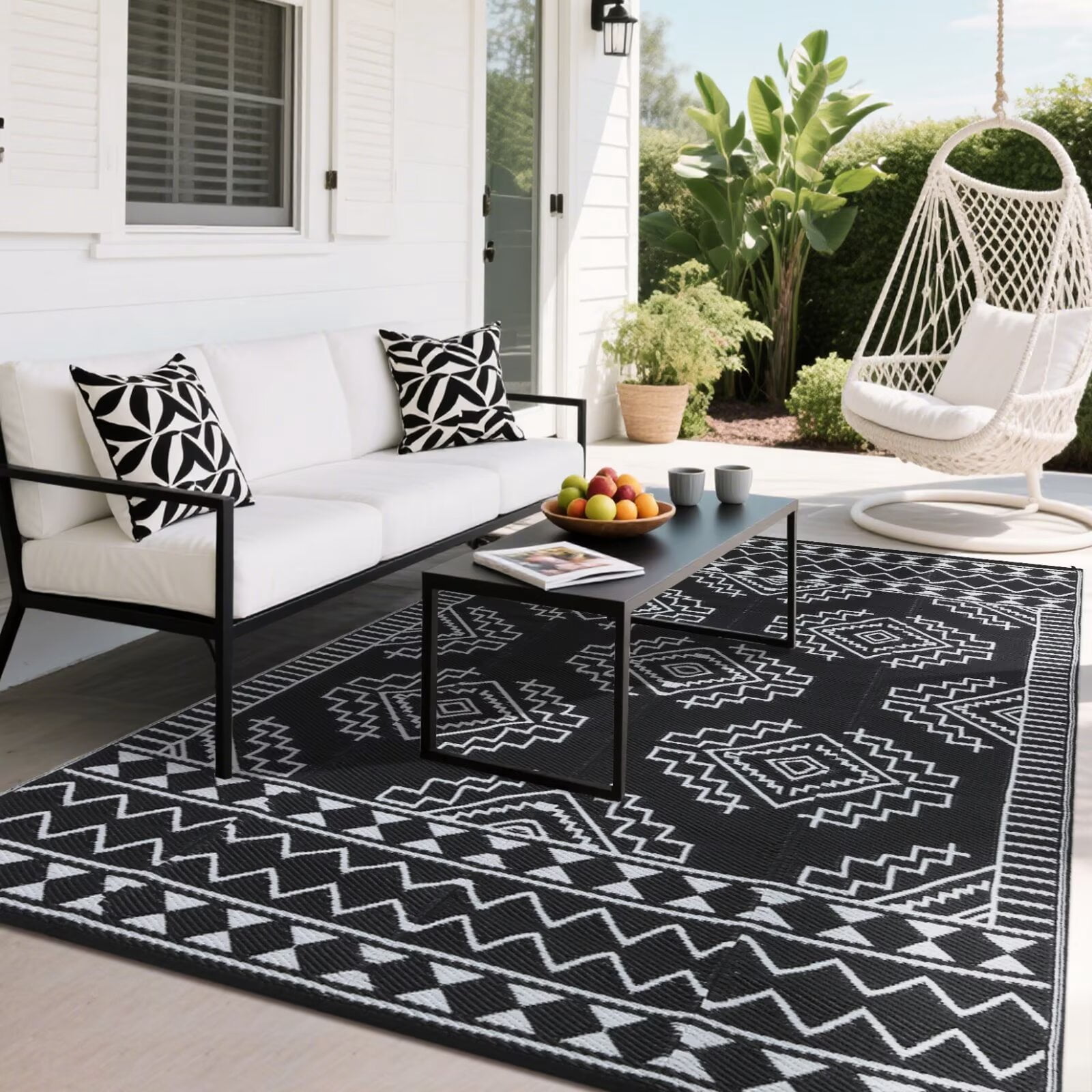 GlowSol 9'x12' Outdoor Rug Boho Geometric Plastic Straw Rug Waterproof Reversible Mat Outdoor Foldable Rug for Camping Patio Picnic, Black White