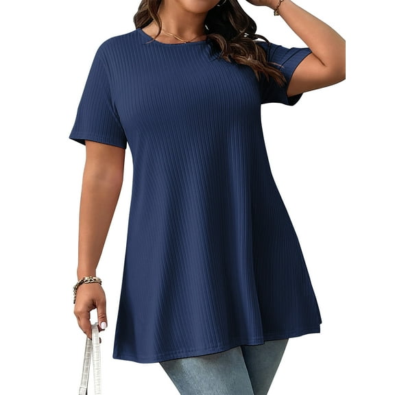 LANREMON Women Plus Tops Summer Short Sleeves Tunic Tops for Women Casual Crew Neck Blouses Loose Oversized T Shirts 4XL