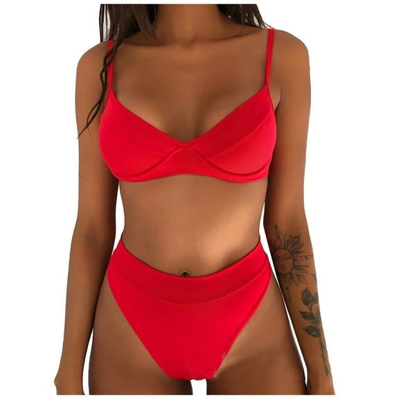 DOPI Women's Summer Fashion Sexy Solid Color V-neck Halter Bikini Beach Swimwear