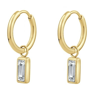 Sensitive Skin Stainless Steel Gold Plated Huggies Earrings with Emerald Cut Cubic Zirconia Dangle Stones for Women
