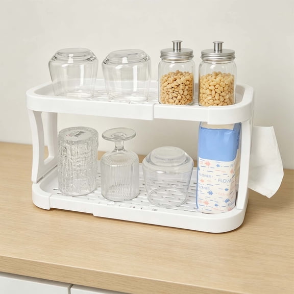 Expandable 2-Tier Countertop Organizer Shelf, Plastic Desktop Storage Rack for Kitchen Spice, Bathroom, Pantry & Office – White