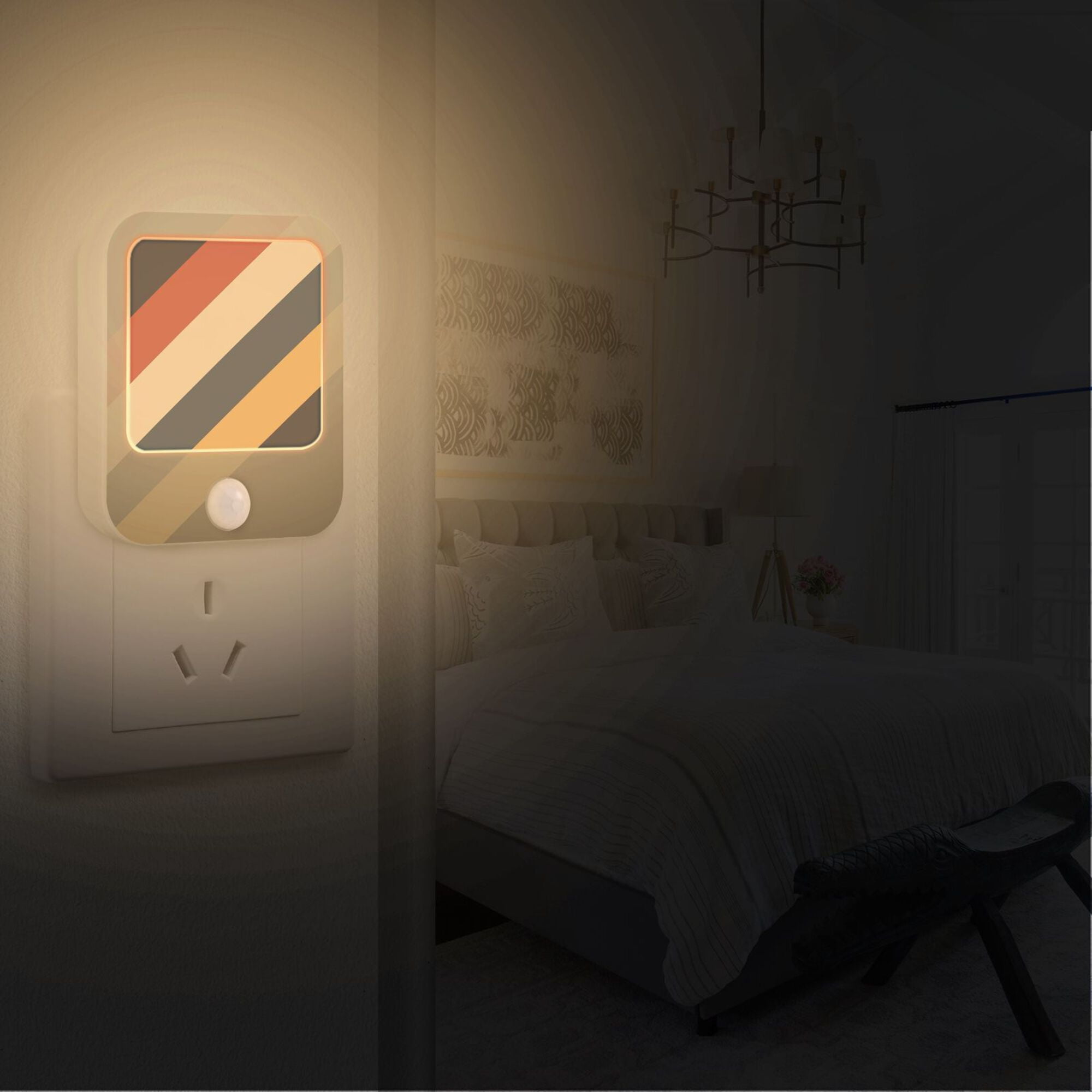 Yayeee LED Night Lights with Motion Detectors Auto Dusk to Dawn Light Sensors, 2 Pack, Beige Stripes