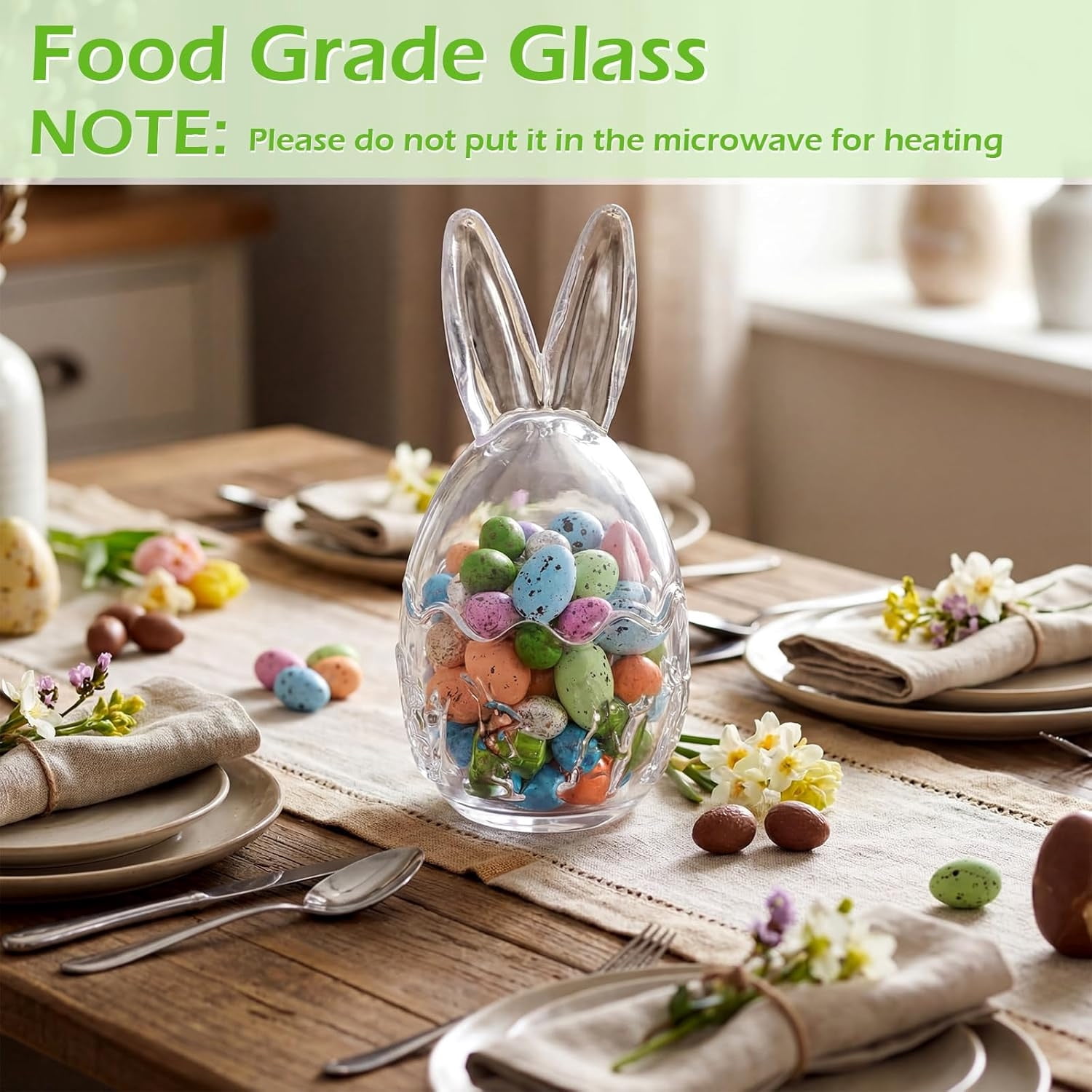 Easter Glass Candy Jar, Bunny Ears Storage Egg Jars, Clear Decorative Food Container for Easter Party Treats, Pantry Organization, Table Decoration 4*8.27 IN