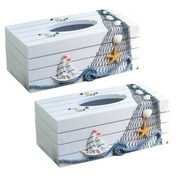2X Mediterranean Style Marine Series Tissue Box Cover Paper Home Decoration Toilet Paper Holder Wooden Tissue Box