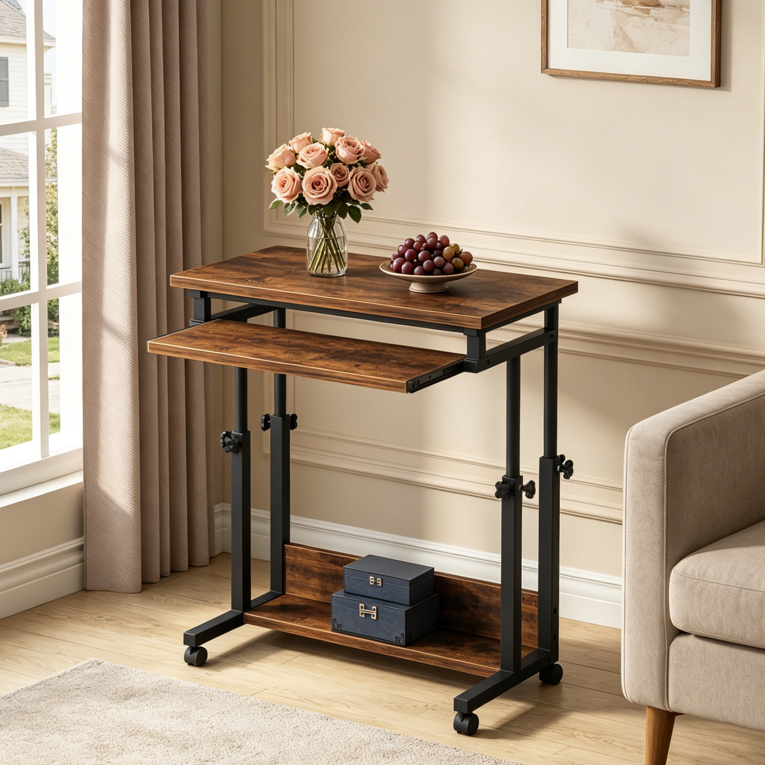 Fnova Height-Adjustable Desk with Wheels, Rolling Computer Cart with Keyboard Tray, Portable Laptop Small Standing Desk for Sofa, Bed, Home Office