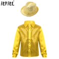 thumbnail image 2 of Niños chicos espectáculo de danza de Jazz actuación Hip Hop Festival disfraces lentejuelas brillantes camisa de manga larga con cuello de solapa con sombrero Fedora, 2 of 5