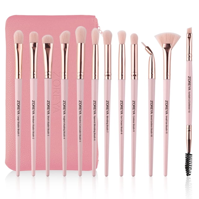 Z'OREYA Juego de brochas de maquillaje para ojos, 12 piezas, juego profesional de brochas para ojos, sombra de ojos, mezcla de cejas, juego de brochas para pestañas con bolsa de transporte (rosa)