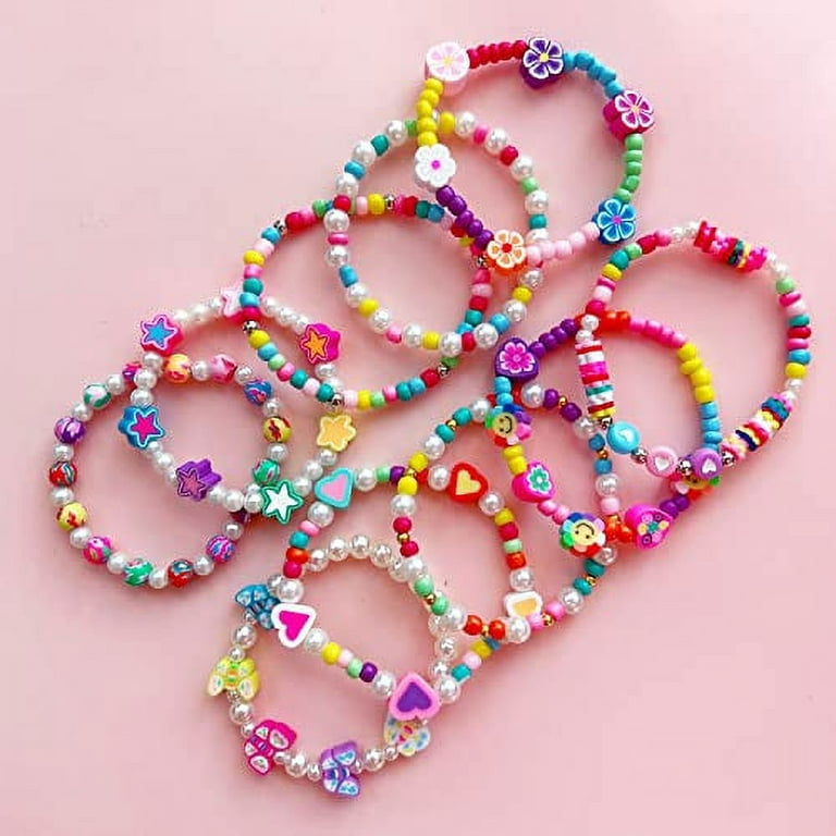 10pcs Girl Bracelet Stretchy Bead Bracelets Colorful Rainbow Boho Bead  Pearl Bracelet for Kids Toddlers Little Girls(Random style)