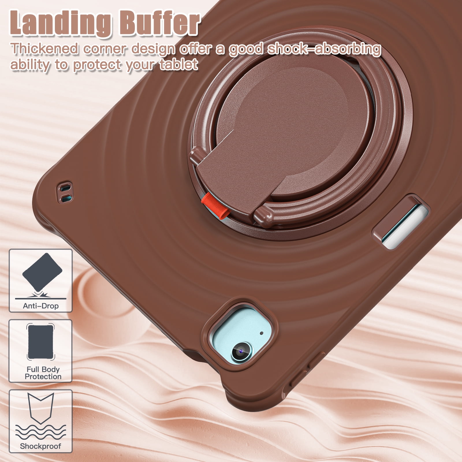 ELEHOLD Case for Apple iPad Air 11 (2024), Portable Hybrid Shockproof iPad Case with Pencil Holder & Hanging Ring Handle Rotatable Kickstand,Chocolate