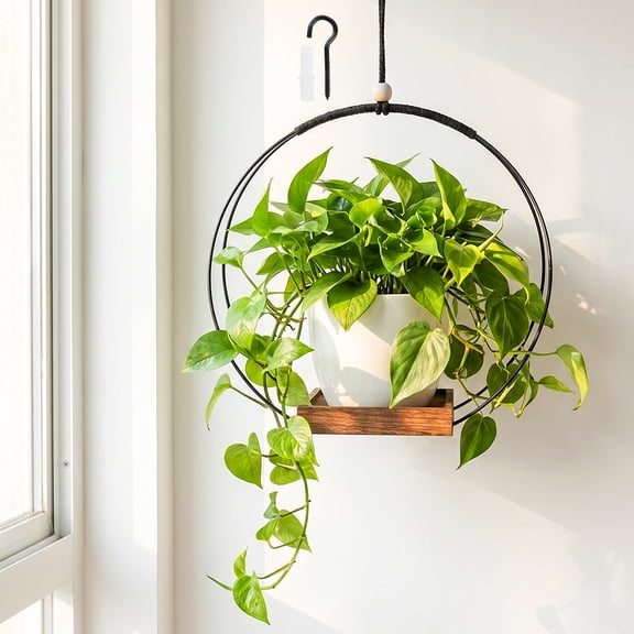 Hanging Planter for Indoor Plants, Modern Macrame Hanger with Wood Base for Balcony, Boho Home and Office Wall Decor (No Pot Included)