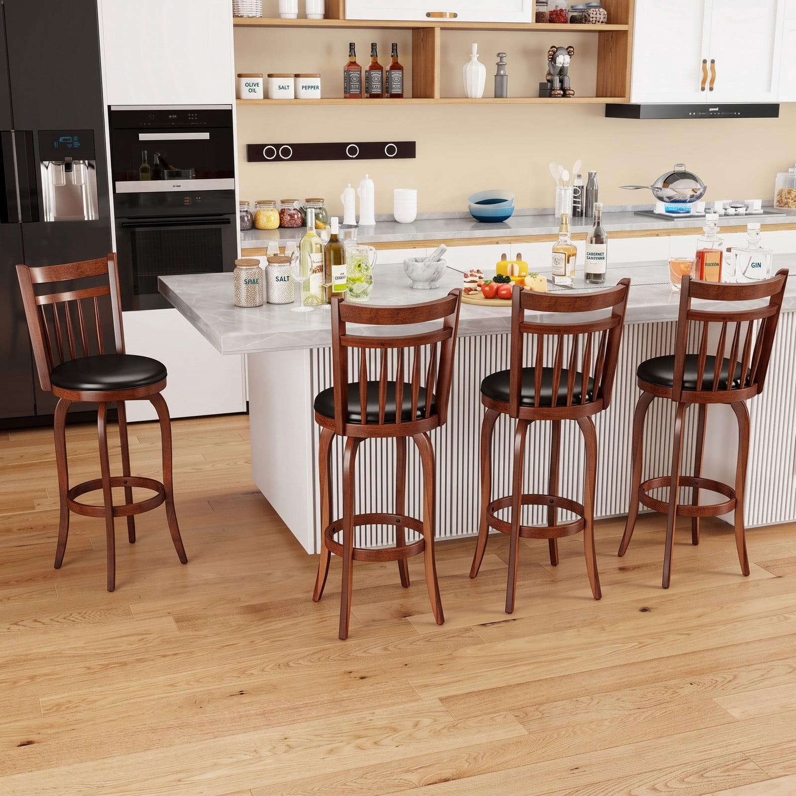 Furnibear Swivel Bar Stools Set of 2, 29 Inch Bar Height Faux Leather Upholstered Barstools with Curved Backrest and Footrest for Kitchen Island, Espresso and Black